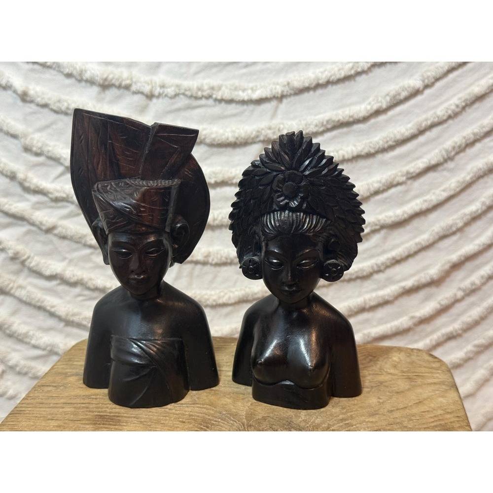 Vintage Balinese hand carved wooden bust sculpture traditional ceremonial attire